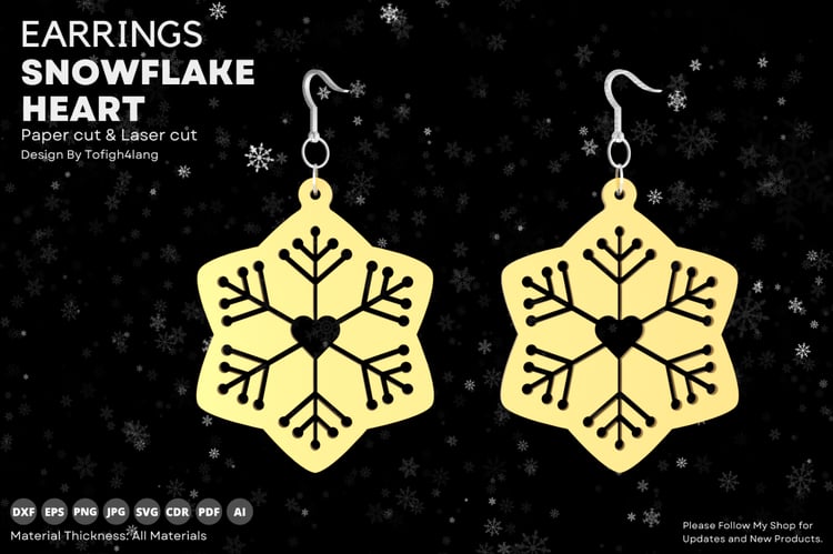 Snowflake Heart Earrings Laser Cut Files | Winter Jewelry Design | Paper Cut SVG File