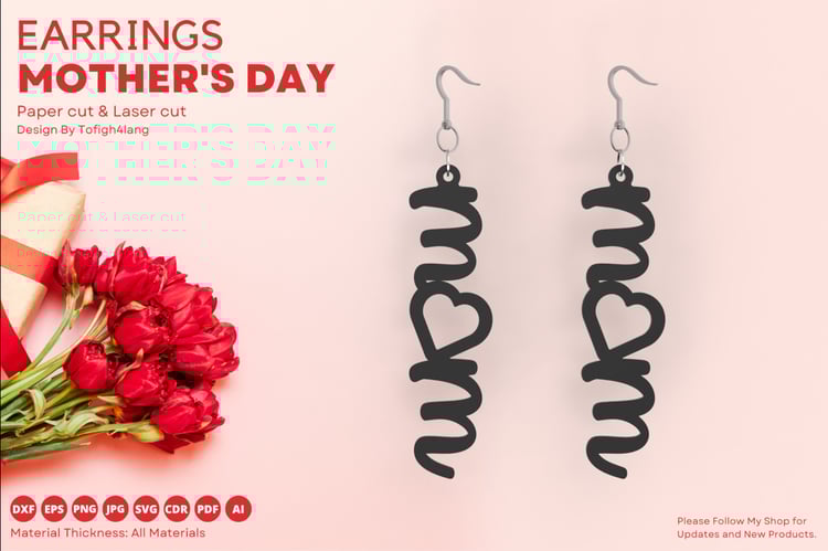 Mom Heart Earrings Mother's Day Gift | Laser Cut & Paper Cut | SVG, DXF, CDR, PDF