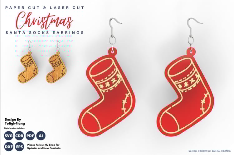Santa Socks Earrings Christmas | Laser Cut & Paper Cut Design | SVG, DXF, CDR, PDF