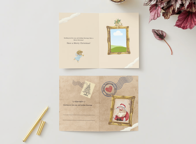 Customizable Vintage Santa Postcard Folded Card Portrait | Digital Canva Template. Mock card outside and inside views
