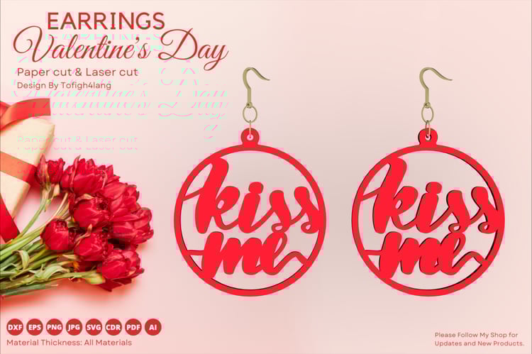 Kiss Me Valentine’s Day Earrings | Laser Cut File | Paper Cut SVG | DIY Jewelry