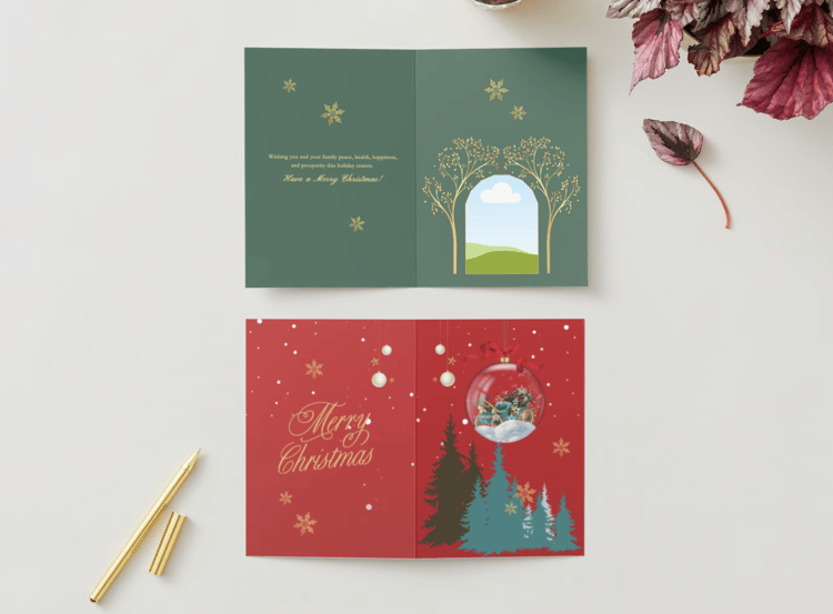 Customizable Festive Christmas Ornament Scene Folded Card Portrait | Digital Canva Template. Mock card outside and inside views