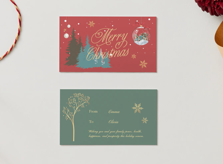 Customizable Festive Christmas Ornament Scene Gift/Favor Tag| Digital Canva Template. Mock card front and back view