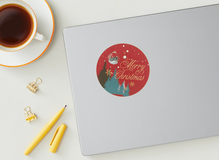 Customizable Festive Christmas Ornament Scene Circle Sticker | Digital Canva Template. Mock sticker on laptop