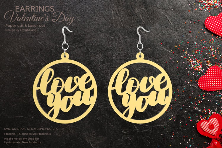 Love You Earrings | Valentine’s Day Laser Cut File | SVG, DXF, Paper Cut Jewelry Design