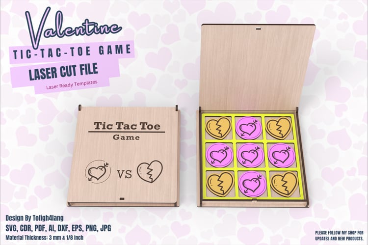 Valentine Tic Tac Toe Game | Laser Cut File | Love-Themed Game Design for Couples
