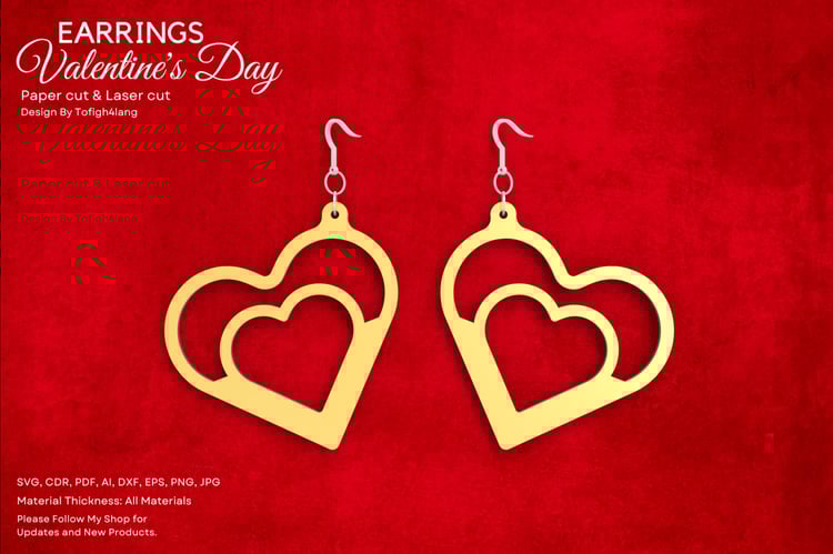 Valentine's Day Double Heart Earrings | Laser Cut File | Romantic Jewelry Design | SVG