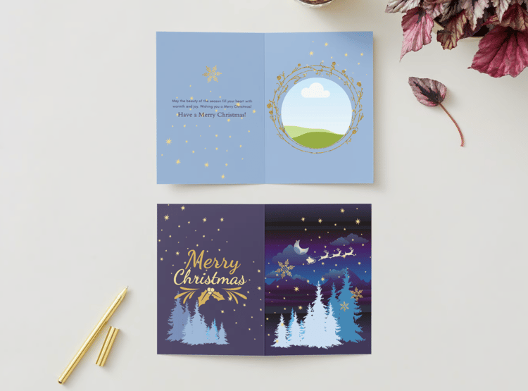 Customizable Starry Night Santa Sleigh Folded Card Portrait | Digital Canva Template. Mock card outside and inside views