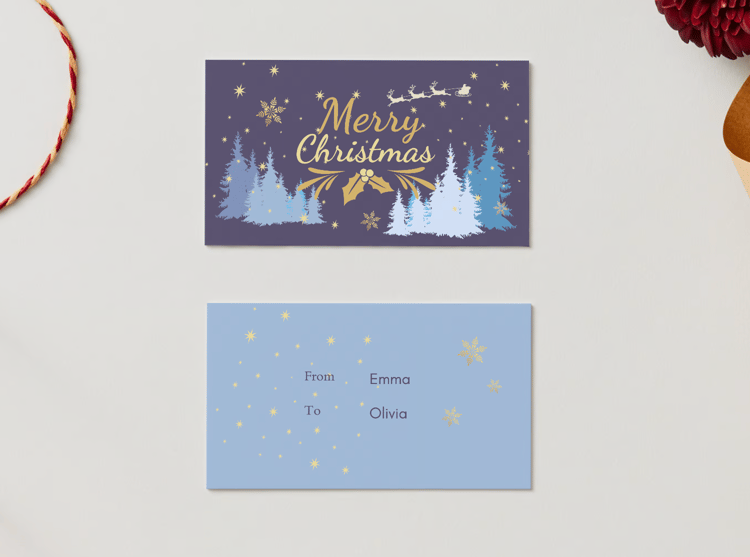 Customizable Starry Night Santa Sleigh Gift/Favor Tag| Digital Canva Template. Mock card front and back views