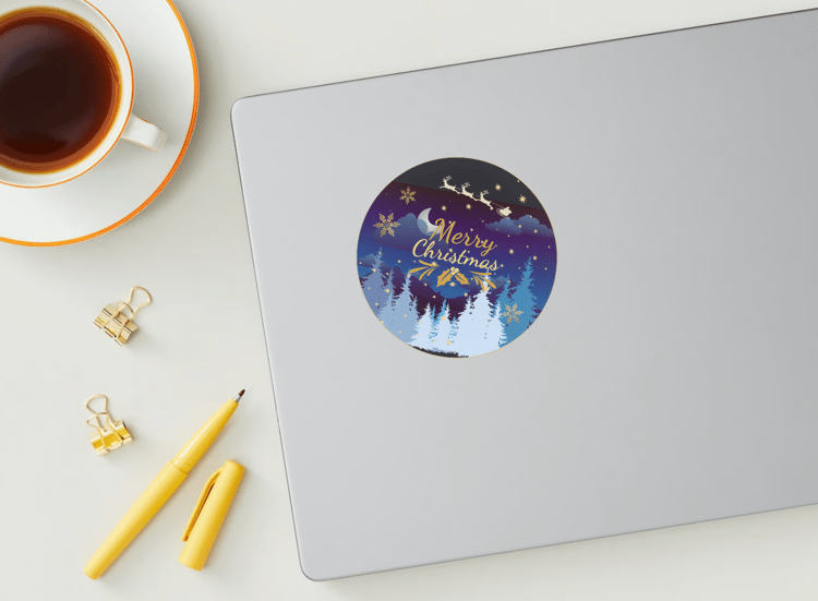 Customizable Starry Night Santa Sleigh Circle Sticker | Digital Canva Template. Mock circle sticker on laptop