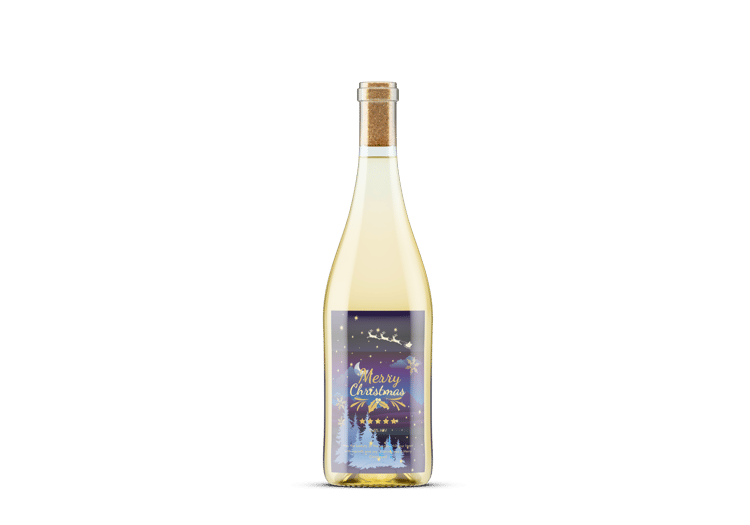 Customizable Starry Night Santa Sleigh Sticker Label 4"x6" | Digital Canva Template. Mock sticker on white wine bottle