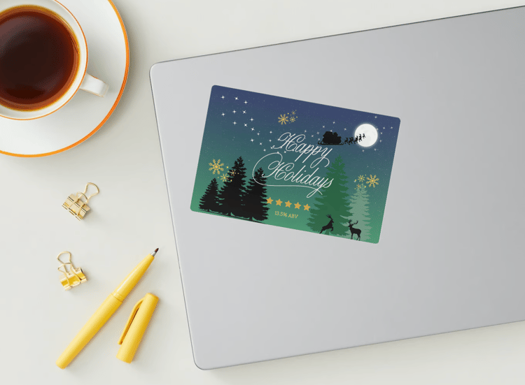 Customizable Aurora Night Santa Sleigh Sticker Label 6"x4" | Digital Canva Template. Mock sticker on laptop