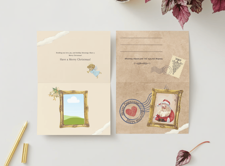 Vintage Santa Postcard Canva Template Bundle | 6 Customizable Designs | Holiday Season Digital Download. Mock card landscape outside and inside views