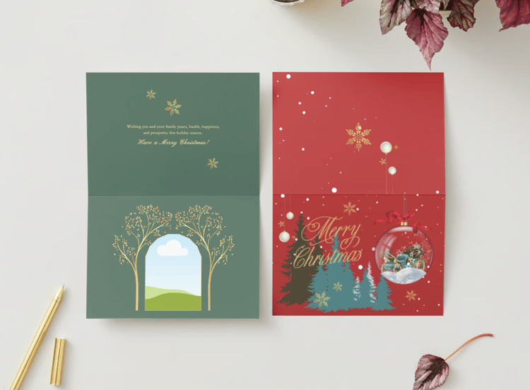 Festive Christmas Ornament Scene Canva Template Bundle | 6 Customizable Designs | Holiday Season Digital Download. Mock card landscape outside and inside views