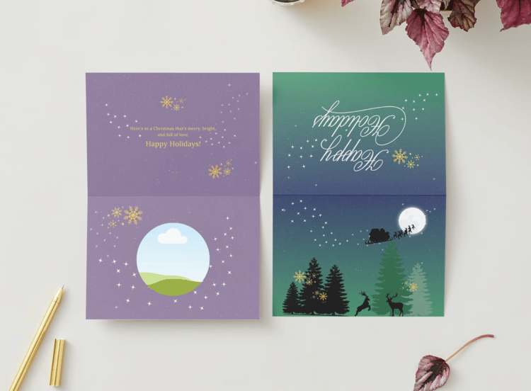 Aurora Night Santa Sleigh Canva Template Bundle | 6 Customizable Designs | Holiday Season Digital Download. Mock card landscape outside and inside views