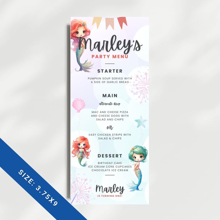 Editable Mermaid Theme Birthday Party Menu Canva Template PDF