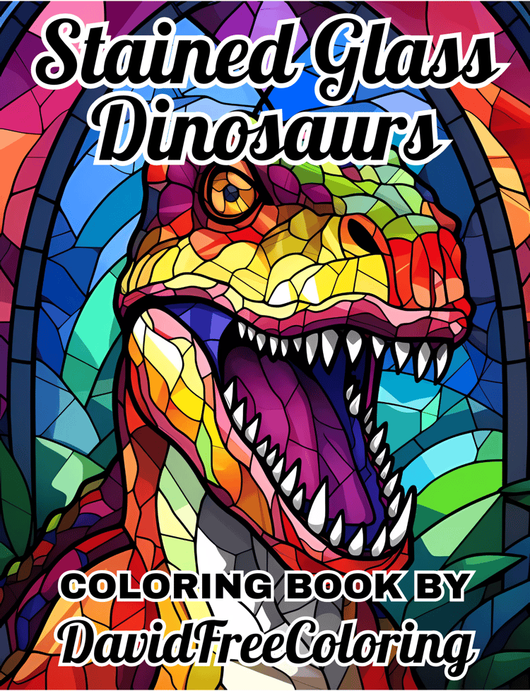 Stained Glass Dinosaurs Coloring Book is a coloring book for adults with 50 Dinosaurs images in Stained Glass look to color creatively, both through the download of PNG and PDF files. Dinosaurs Stained Glass Coloring Book Image for Adult Coloring Page Sta