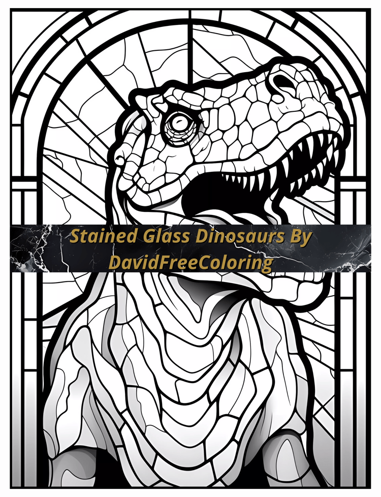 Stained Glass Dinosaurs Coloring Book is a coloring book for adults with 50 Dinosaurs images in Stained Glass look to color creatively, both through the download of PNG and PDF files. Dinosaurs Stained Glass Coloring Book Image for Adult Coloring Page Sta