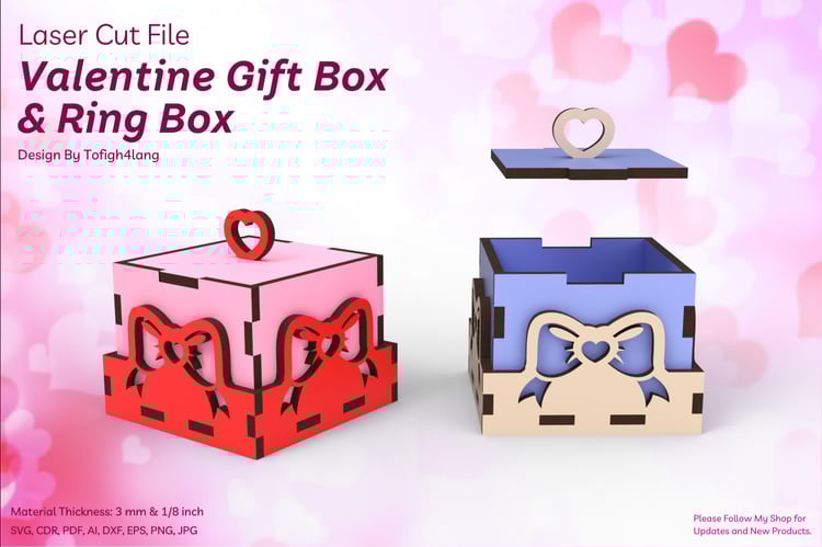 Valentine Gift Box and Ring Box Laser Cutting File | Heart Ribbon Design | SVG File