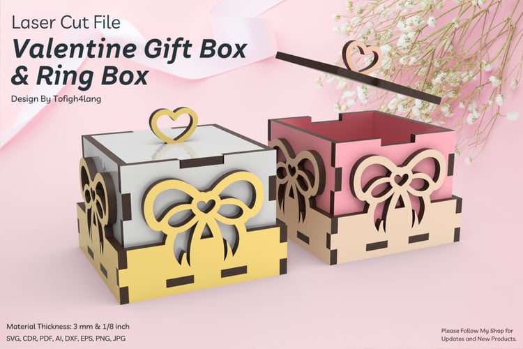 Ribbon Gift Box and Ring Box Laser Cutting File | Heart Ribbon Design | SVG File