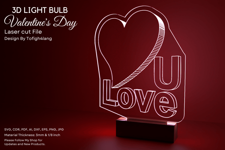 3D Light Bulb Valentines Day | Laser Cut File | Heart LED Decoration | SVG | Engrave