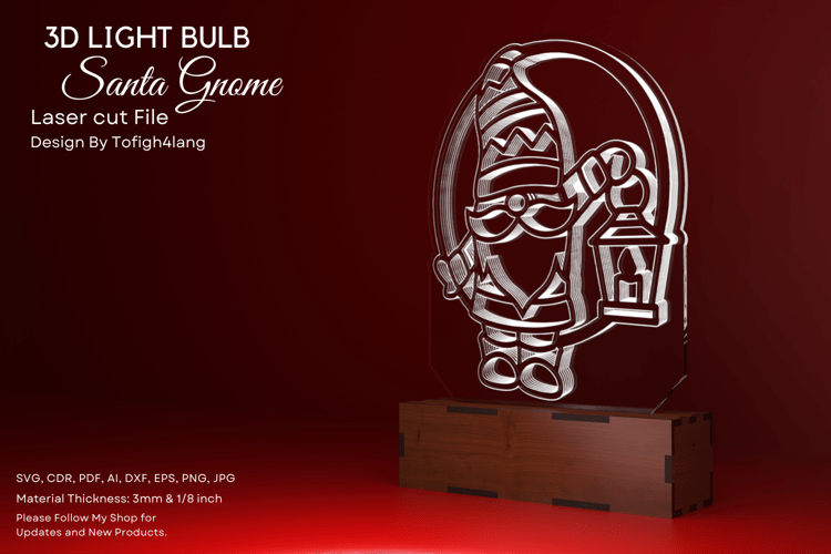 3D Light Bulb Santa Gnome | Christmas Laser Cut File | Festive Holiday LED Decoration