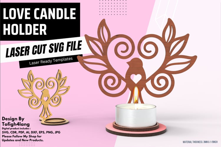 Love Candle Holder | Heart Bird Laser Cut File | Romantic Tea Light Holder SVG File