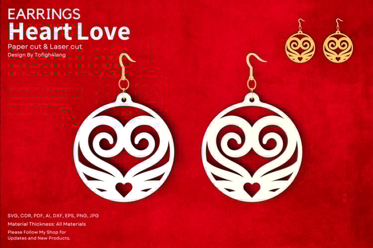 Heart Love Earrings | Laser Cut & Paper Cut Earrings Design | Romantic Jewelry SVG File
