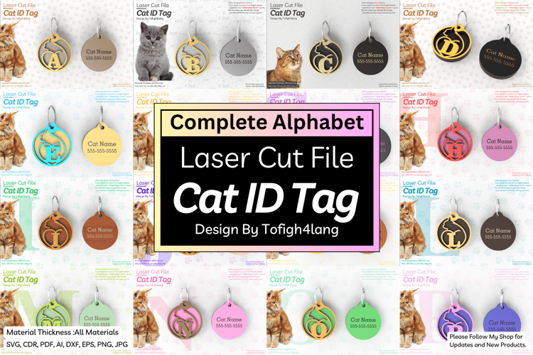 Complete Alphabet Cat ID Tag | Laser Cut Pet Name Tags, SVG File, Laser Cutting File