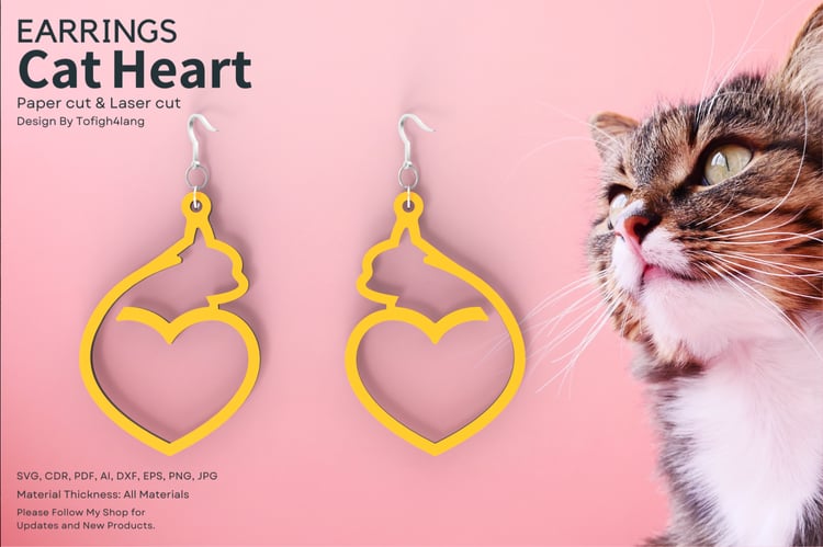 Cat Heart Earrings | Laser Cut & Paper Cut SVG File for Cat Lovers | Jewelry Design