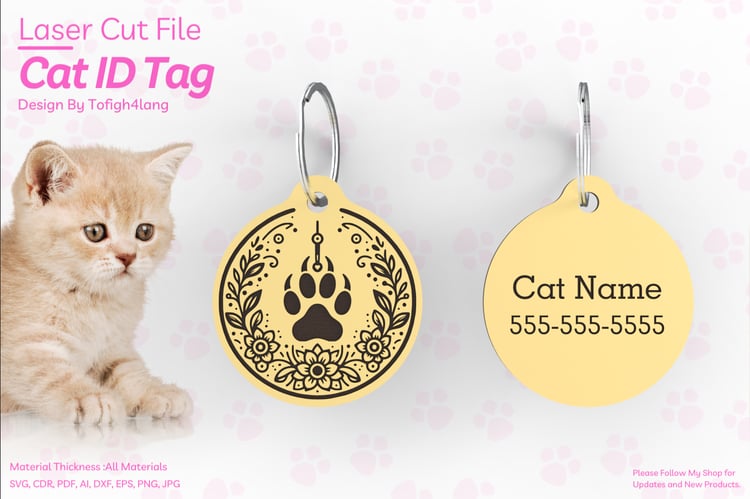 Cat ID Tag | Paw Engrave | Laser Cut | SVG File, Laser Cutting File, pet accessories