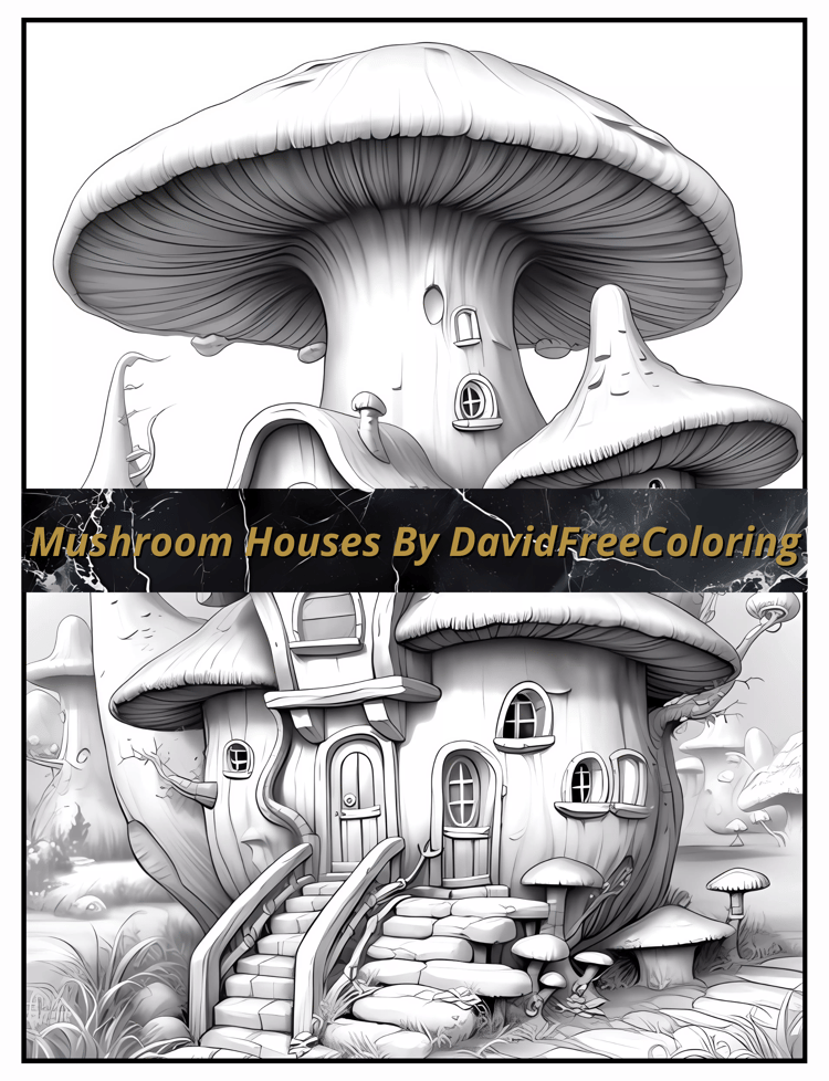 Mushroom Houses Coloring Book is a coloring book for adults with 50 Fantasy Mushroom Houses to color creatively, both through the download of PNG and PDF files. Mushroom Houses Coloring Book Mushroom Houses Image for Adult Coloring Page House printable co