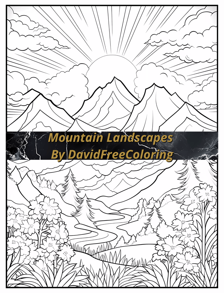 Mountain Landscapes Coloring Book is a coloring book for adults with 40 Beautiful Landscape images: mountains, lakes, forests, trees, and more. Have fun coloring them creatively, both through the download of PNG and PDF files. Mountain Landscapes Coloring