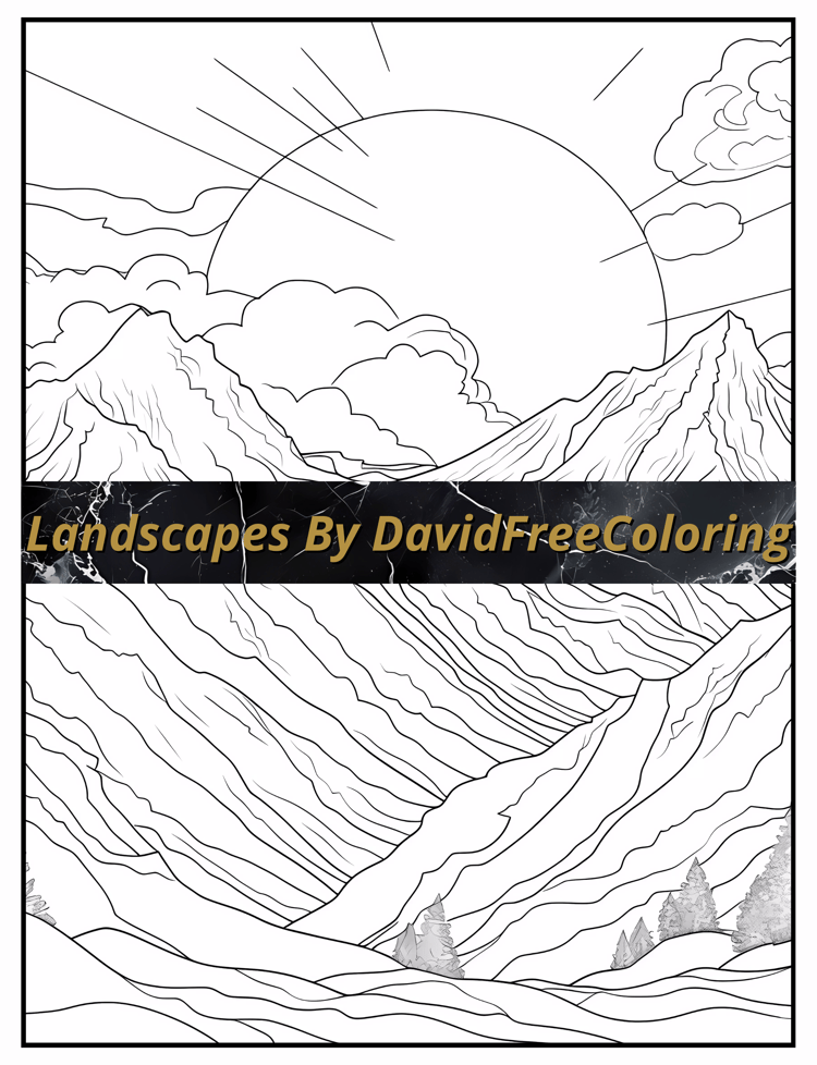 Landscapes Coloring Book is a coloring book for adults with 150 Enchanted Landscape images to color creatively, both through the download of PNG and PDF files. Landscapes Coloring Book Landscape Image for Adult Coloring Pages Stunning views printable colo