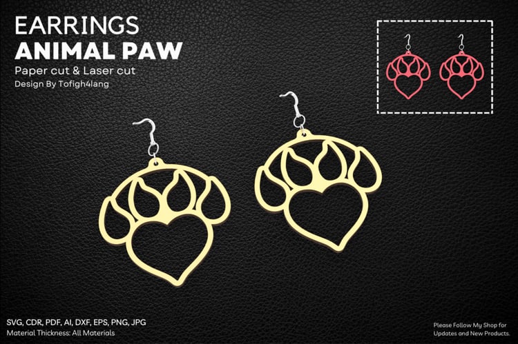 Animal Paw With Heart Earrings | Laser Cut & Paper Cut File | Fun Pet Lover Design SVG for Earrings