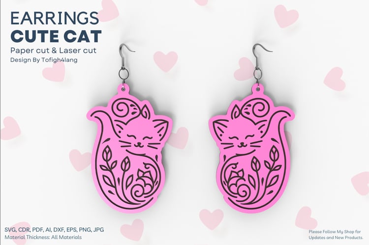 Floral Cat-Shaped Earrings for Laser Cutting and Engraving | Laser Cut File | Paper Craft