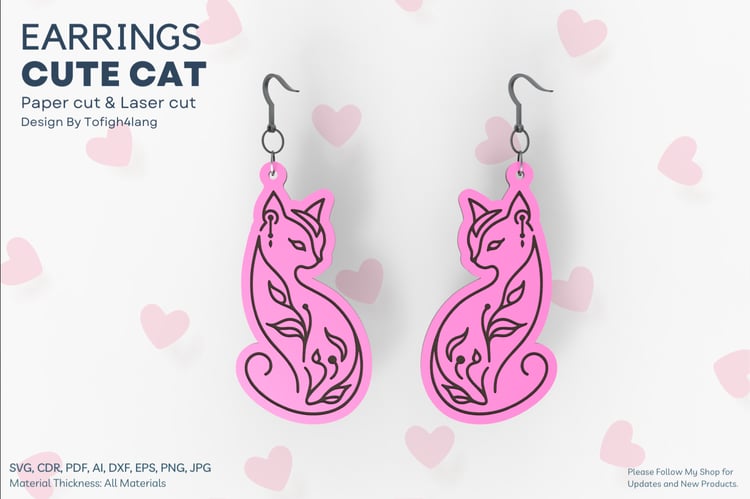 Floral Cat Shaped Earrings | Cute Cat Design | Laser Cut File | Paper & Laser Cut Jewelry