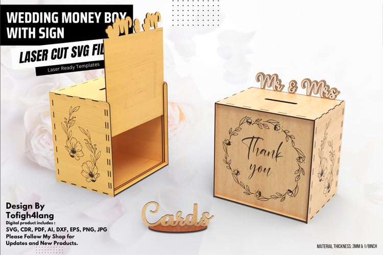 Wedding Money Box with Sign Laser Cut SVG File | Gift Card Box Laser Cutting File