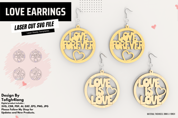 Love Earrings Laser Cut SVG File | "Love Forever" and "Love is Love" Earring Templates