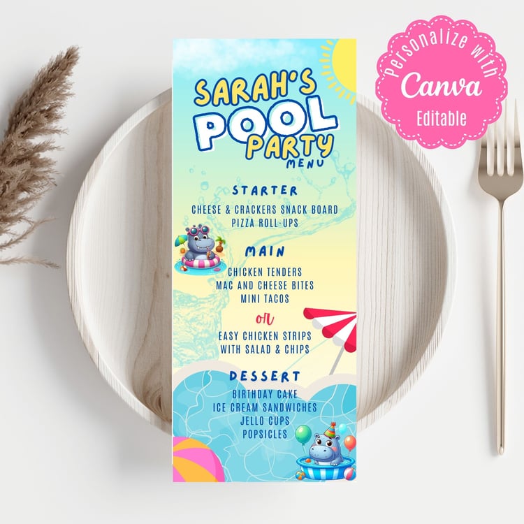 Customizable Pool Birthday Party Menu - Editable Canva Template