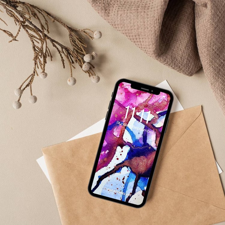 Digital wallpaper of abstract art 'Nebula I,' featuring vivid swirls of blue, magenta, violet, and bronze metallic details.