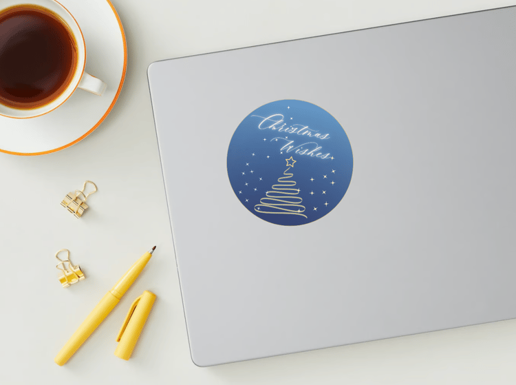 Customizable Minimalist Christmas Wishes Circle Sticker | Digital Canva Template. Mock sticker on laptop