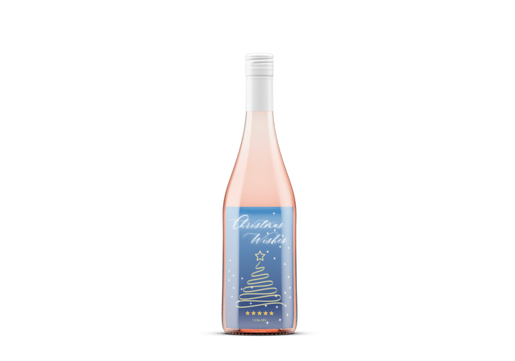 Customizable Minimalist Christmas Wishes Sticker Label 4"x6" | Digital Canva Template. Mock sticker on rose wine bottle