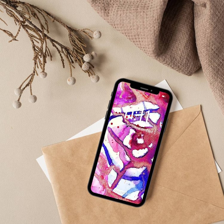 Digital wallpaper of abstract art 'Nebula I,' featuring vivid swirls of blue, magenta, violet, and bronze metallic details.