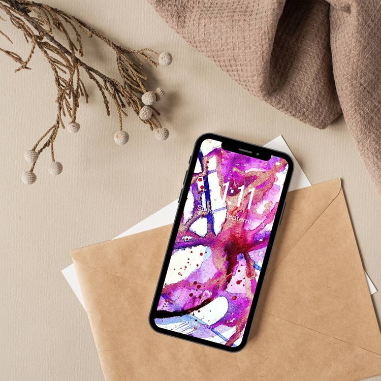 Digital wallpaper of abstract art 'Nebula I,' featuring vivid swirls of blue, magenta, violet, and bronze metallic details.