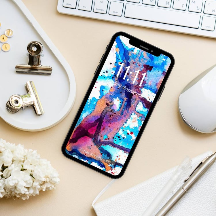 Digital wallpaper of abstract art 'Nebula II,' showing dynamic blue and violet tones with metallic bronze highlights for vibrant contrast.