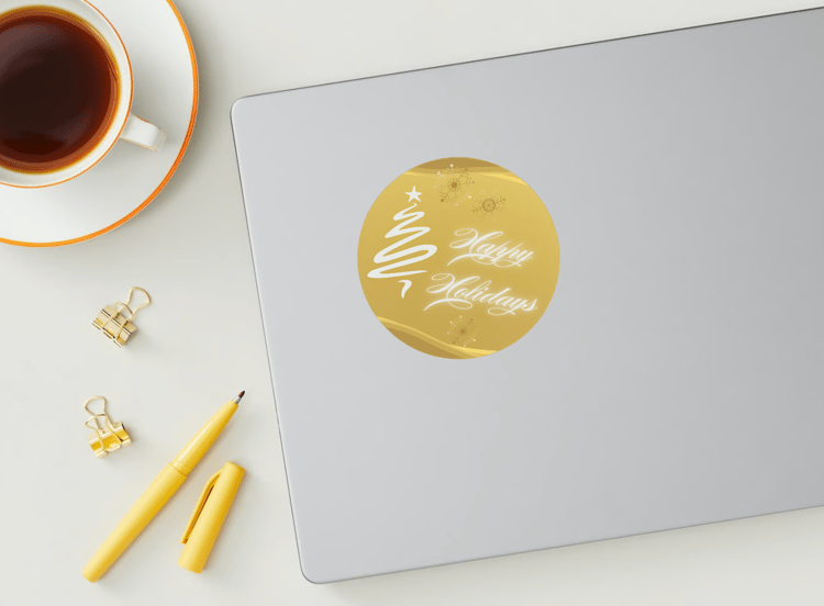 Customizable Brush Stroke Christmas Tree Circle Sticker | Digital Canva Template. Mock sticker on laptop