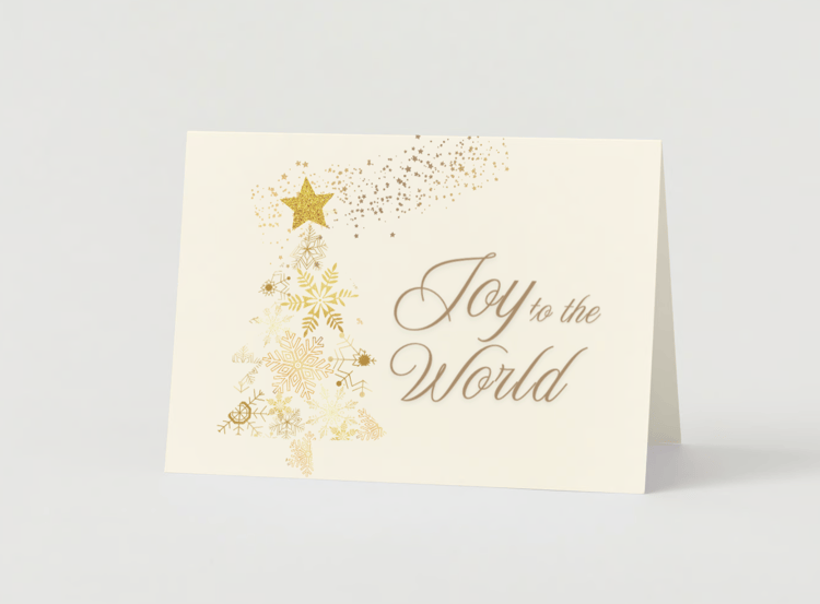 Customizable Golden Snowflake Christmas Tree Folded Card Landscape | Digital Canva Template. Mock card outside front view