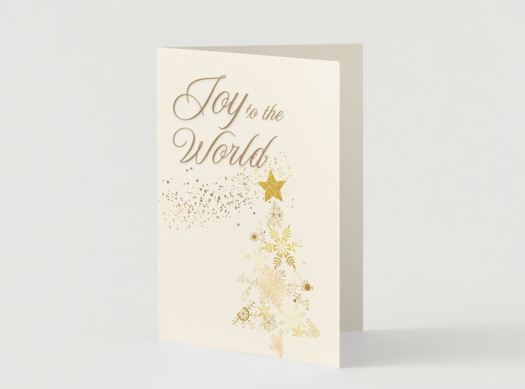 Customizable Golden Snowflake Christmas Tree Folded Card Portrait | Digital Canva Template. Mock card outside front view