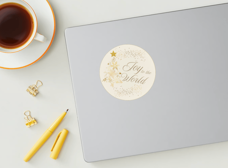 Customizable Golden Snowflake Christmas Tree Circle Sticker | Digital Canva Template. Mock sticker on laptop
